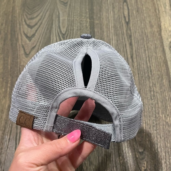 CC Cap Baseball Trucker Hat Summer Mesh Glitter Ponytail Gray One Size - Picture 2 of 4